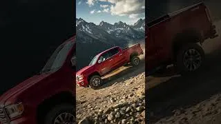 Thumbnail: Red pickup truck ascends rocky mountain slope under cloudy sky #shorts #truck