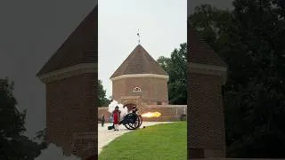Thumbnail: Cannon demonstration: “Great Guns” loading and firing at military encampment in front of Magazine