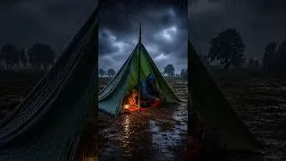Thumbnail: Setting up a triangular silver tent, camping in the heavy rain.