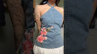 Thumbnail: Turned a long denim skirt into the cutest halter top! #thriftflip #upcycling
