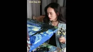 Thumbnail: Oil painting Starry Night by artist Vincent Van Gogh .redrawn by a beautiful girl on a wooden chair