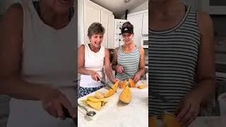 Thumbnail: Zonya and Krista cutting a cantaloupe!