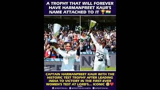 Thumbnail: Harmanpreet Kaur holding the trophy from the first-ever Women's Test at Lord's