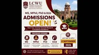 Thumbnail: LCWU Admissions 2026 OPEN 🔥 | MS, MPhil, PhD & B.Ed | Apply Before 4 September