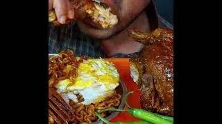 Thumbnail: "FIRE RED NOODLES! 🔥🌶️ Massive Chicken BITES & Green Chilli! 🤤 #SpicyFood #shortsviral  #mukbang