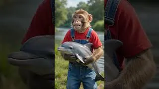 Thumbnail: 🐒 Monkey Meets a Dolphin… Then Everything Goes Crazy! 🐬😂    #viralshorts #monkey