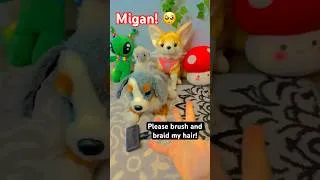 Thumbnail: Migan, please brush and braid my hair! 🥺 #shorts #essa #douglasdogs #essaplush #ikeaalien #kandi
