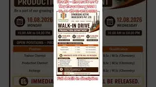 Thumbnail: Synergene Active Ingredients Walk-In Drive 2026 | Production Jobs | B.Sc/M.Sc Chemistry | Freshers