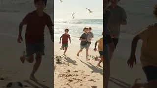 Thumbnail: A group of cheerful children run barefoot across a sunny beach