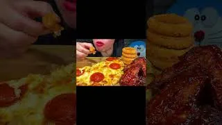 Thumbnail: ASMR CHEESY PEPPERONI PIZZA, SPICY CHICKEN WINGS, ONION RINGS MUKBANG EATING SOUNDS #shorts