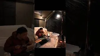 Thumbnail: Car camping in the snowy mountains. Air tent and wood stove