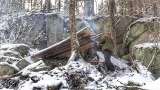 Thumbnail: BUILDING all NATURAL Bark Roof BUSHCRAFT Survival SHELTER in Snowfall - Cooking on a Stone #Shorts