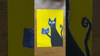 Thumbnail: The curious beauty🎨🐈‍⬛👓📘🐾#fyp #art #oilpastel #timelapse #painting #shorts